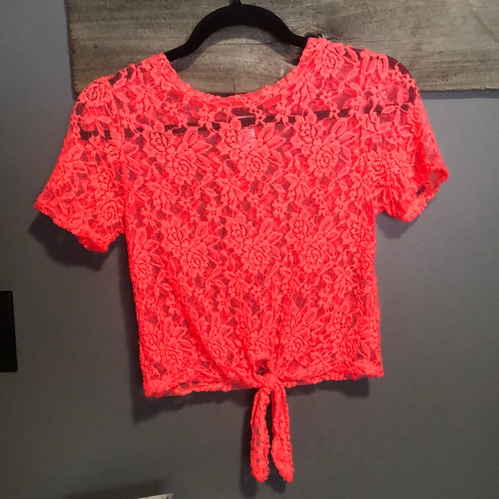 Bright Neon orange Lace Crop Top Front Knot